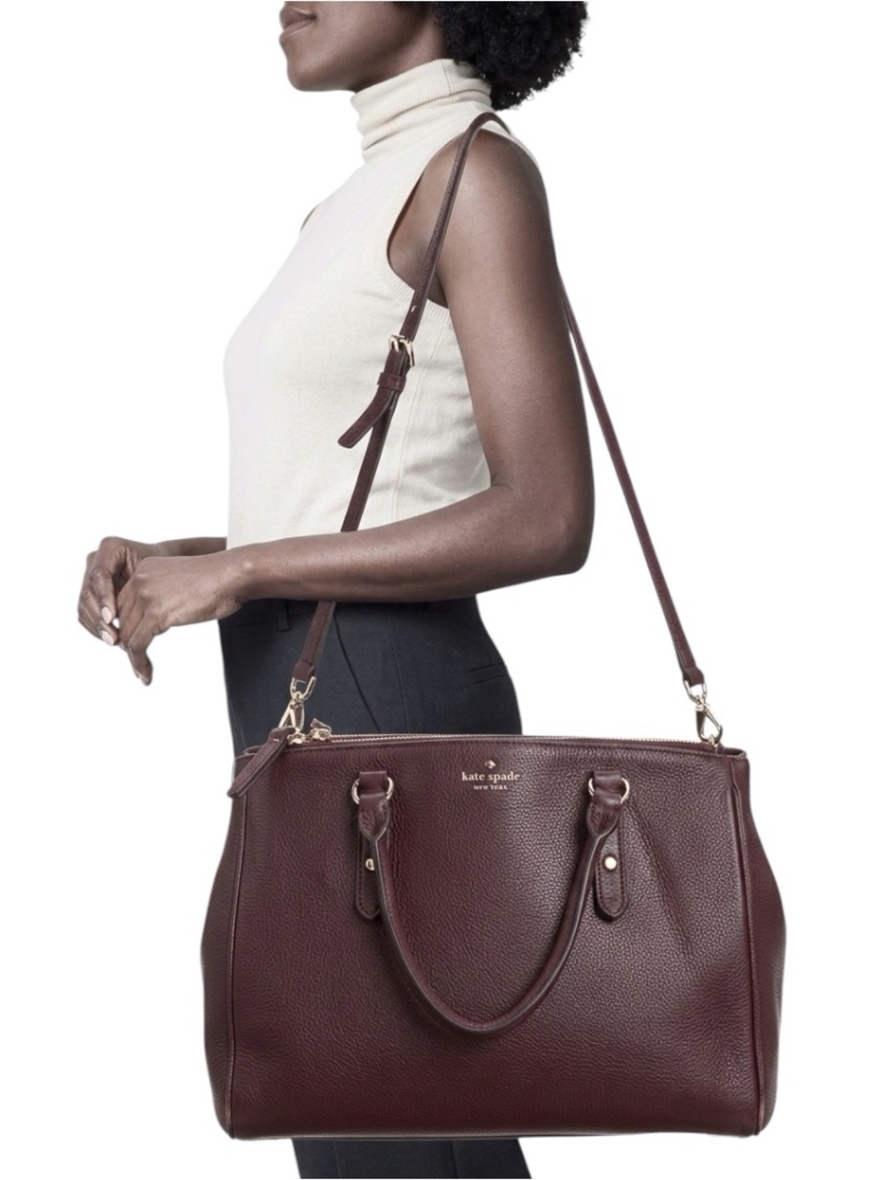 Kate Spade Mulberry Street Leighann Pebbled Leather Satchel Tote Burgundy